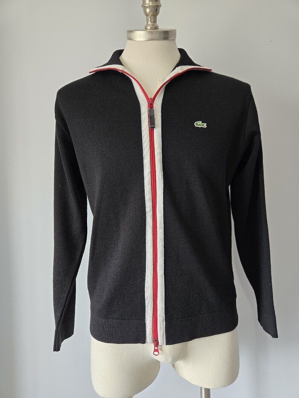 Lacoste Vintage Black Zip-Front Track Sweater with Red Trim. Size Small